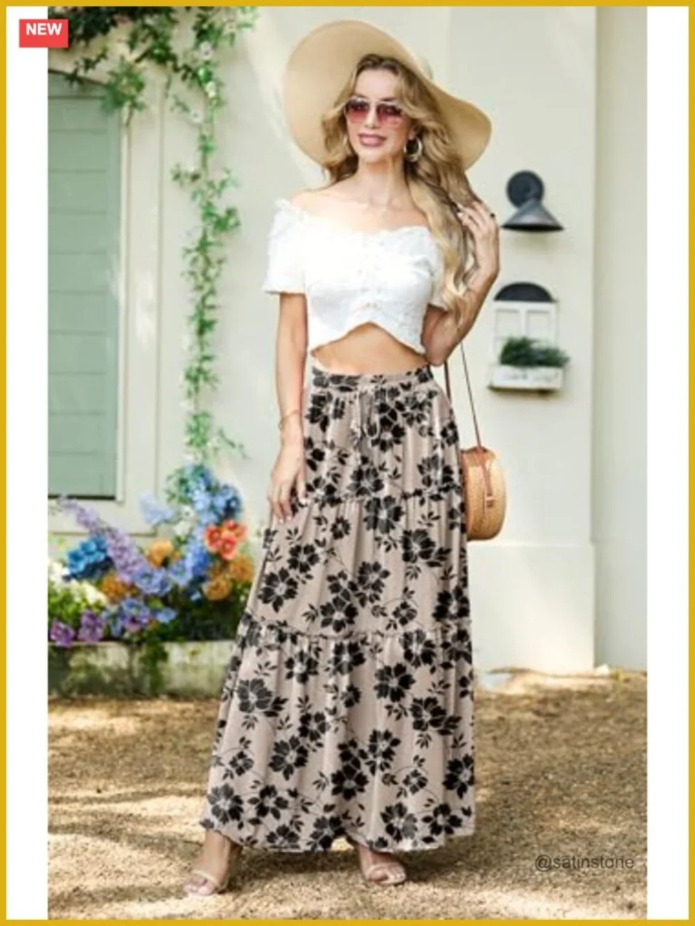 Women's High Waisted Boho Floral Tiered Maxi Skirt with Pockets